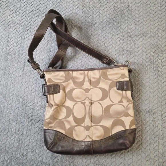 Coach Signature C Canvas Leather Trim Crossbody Shoulder Bag Brown Chain - Picture 2 of 12